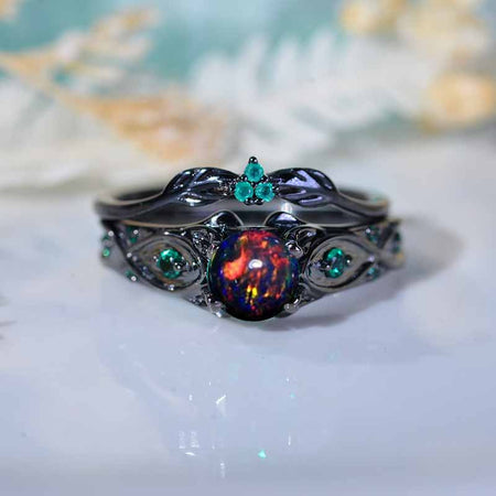 14K Black Rhodium Gold Black Fire Opal Emerald Celtic Engagement Ring Model 33