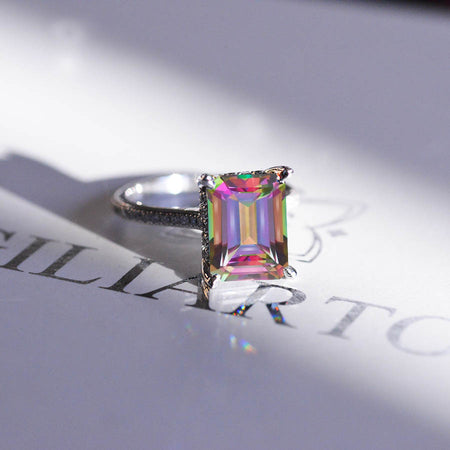 4 Carat Emerald Cut Mystic Topaz Stone Gold Ring