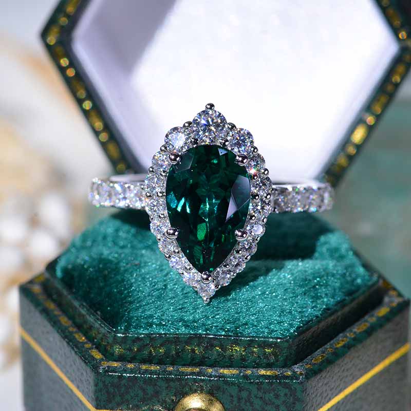 14K Solid White Gold 3 Carat Emerald  Pear Cut Halo Moissanite Ring