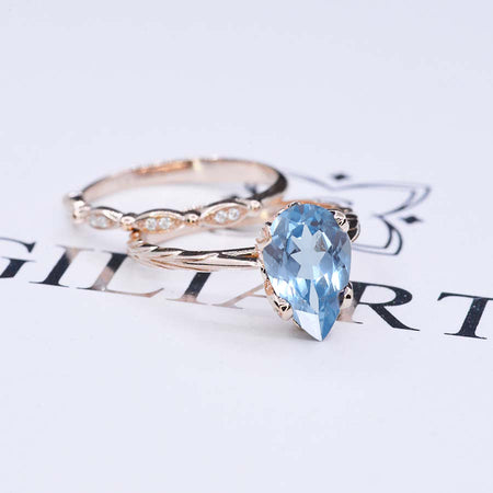 3 Carat Pear Shaped Aquamarine Engagement Eternity Rose Gold Ring Set