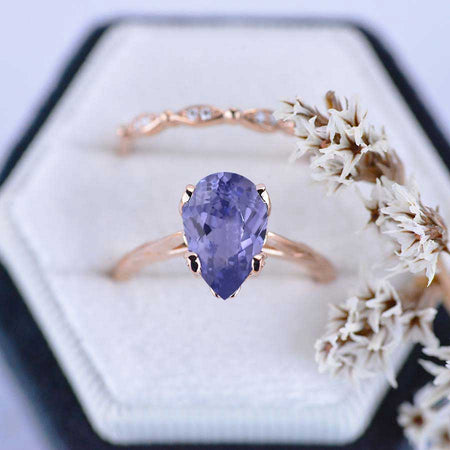 3 Carat Pear Shaped Purple Sapphire Engagement Eternity Rose Gold Ring Set