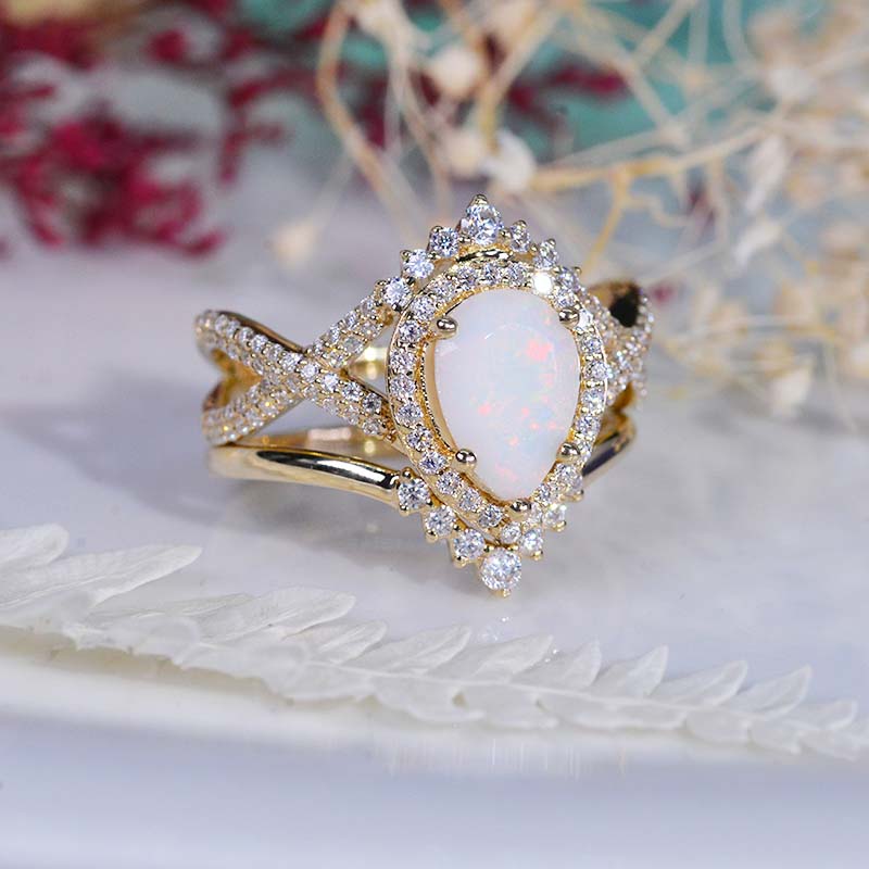 14K White Gold 1.5 Carat Pear Genuine White Opal Halo Twisted Engagement Ring Eternity Ring Set