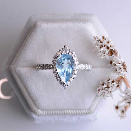 14K Solid White Gold 3 Carat Genuine Natural Aquamarine Pear Cut Halo Genuine Natural Aquamarine Ring