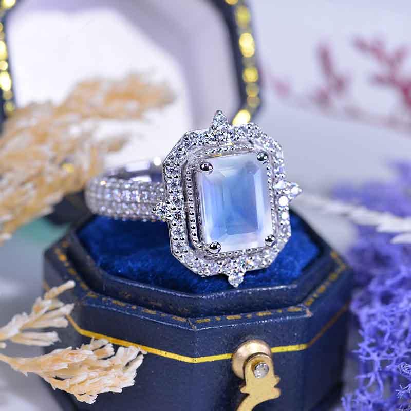3Ct Emerald cut Halo Natural Moonstone ring, Natural Moonstone solitaire ring, Natural Moonstone ring, Natural Moonstone emerald cut vintage ring Custom