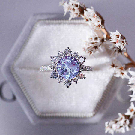 2 Carat Round Fireworks Cut Alexandrite Snowflake Halo Engagement Ring. Victorian 14K White Gold Ring