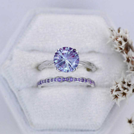 2 Carat Fireworks Cut Alexandrite 14K White Gold Engagement. Eternity Ring. Set of Two Rings. Opal Leaf Floral Ring Design, Two Ring Set