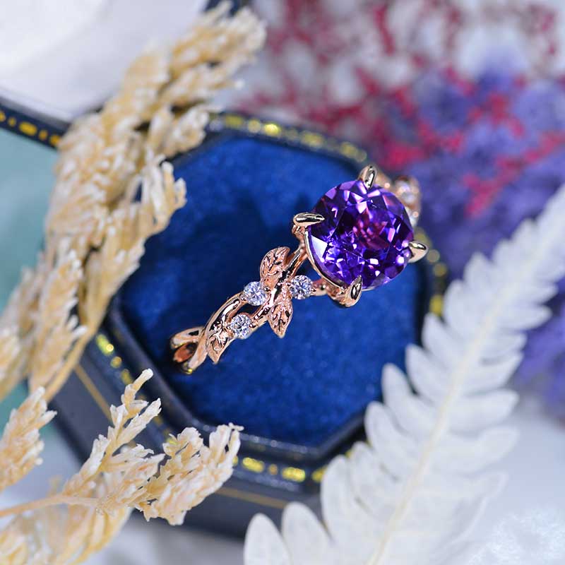 2 Carat Purple Sapphire Floral Rose Gold Engagement Ring