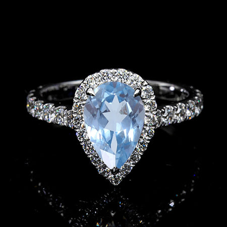3 Carat Pear Cut Halo Genuine Natural Aquamarine White Gold Engagement Ring
