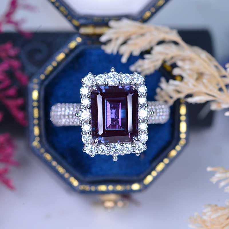 4Ct Alexandrite Engagement Ring Halo Emerald Step Cut Alexandrite  Engagement Ring