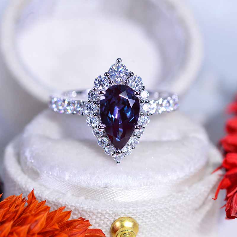 14K Solid White Gold 2 Carat Alexandrite Pear Cut Halo  Engagement Ring