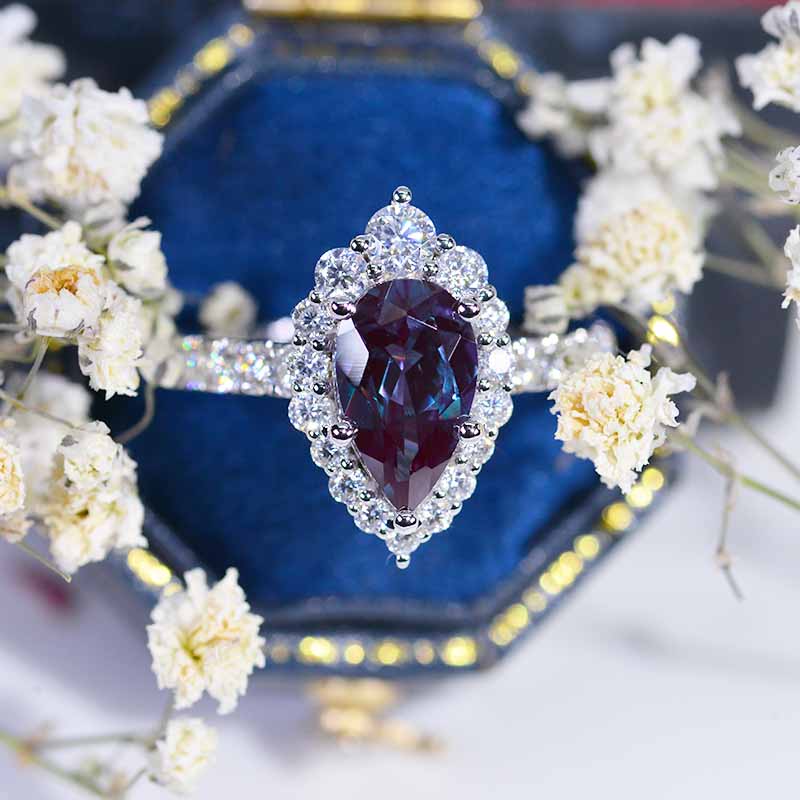 14K Solid White Gold 2 Carat Alexandrite Pear Cut Halo  Engagement Ring