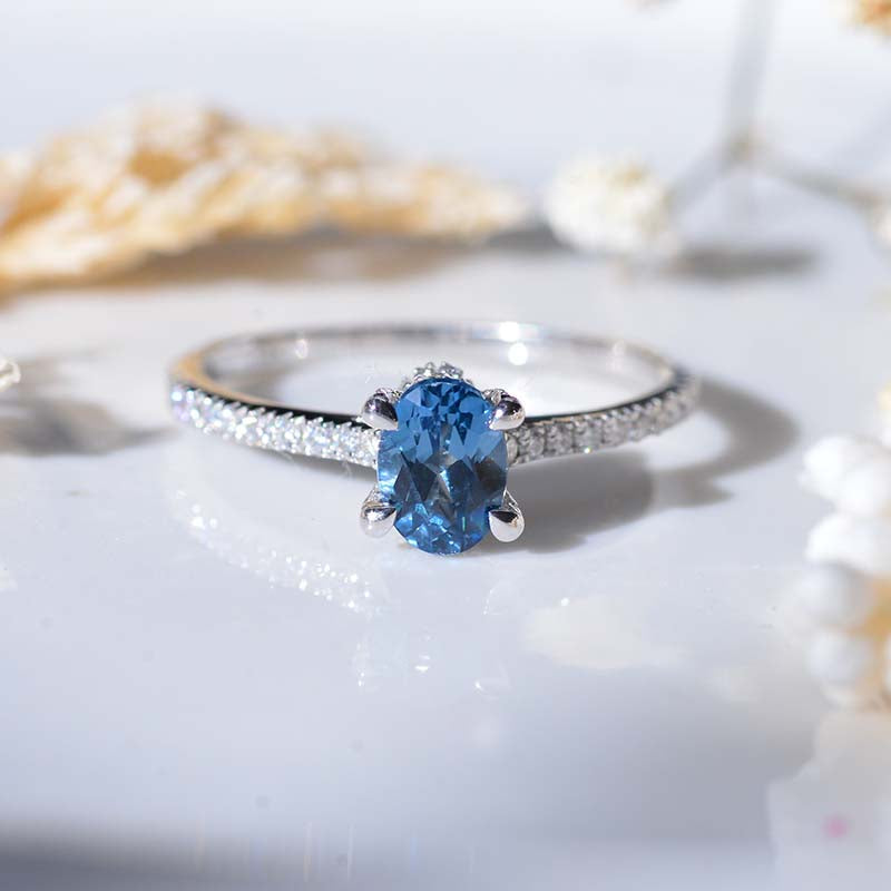 1 Carat Carat Oval Teal Sapphire Ring, Hidden Halo Gold Engagement Ring