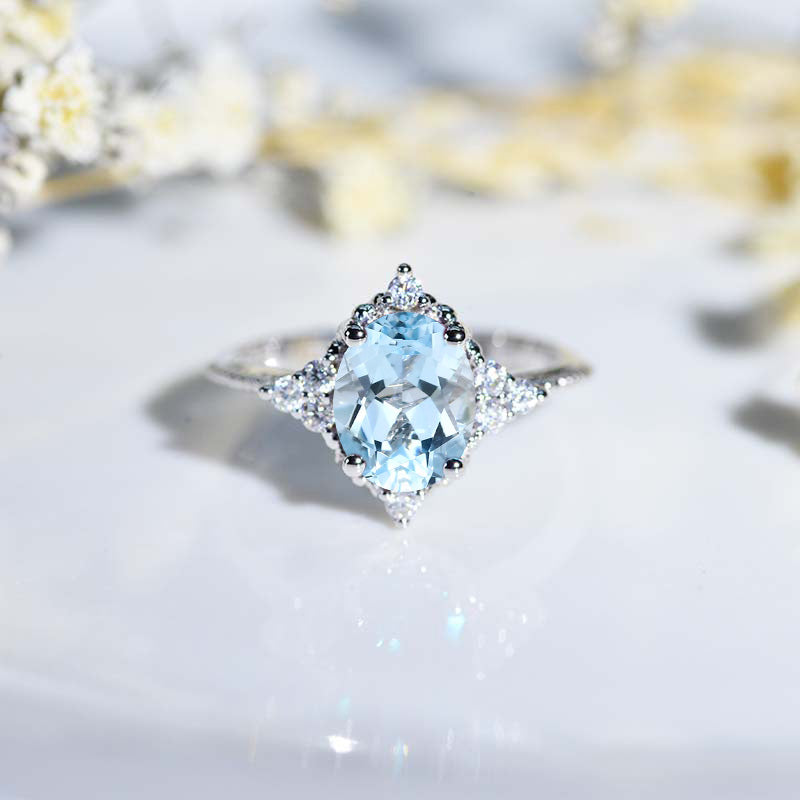 14K Solid Rose Gold Ring 2CT Oval Halo Natural Aquamarine Wedding Ring Stone Engagement Ring Anniversary Ring