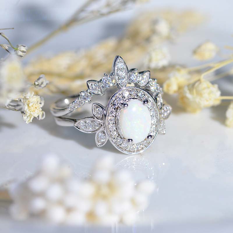 Oval Genuine Natural White Opal Halo 14K White Gold  Engagement Ring, Eternity Ring Set