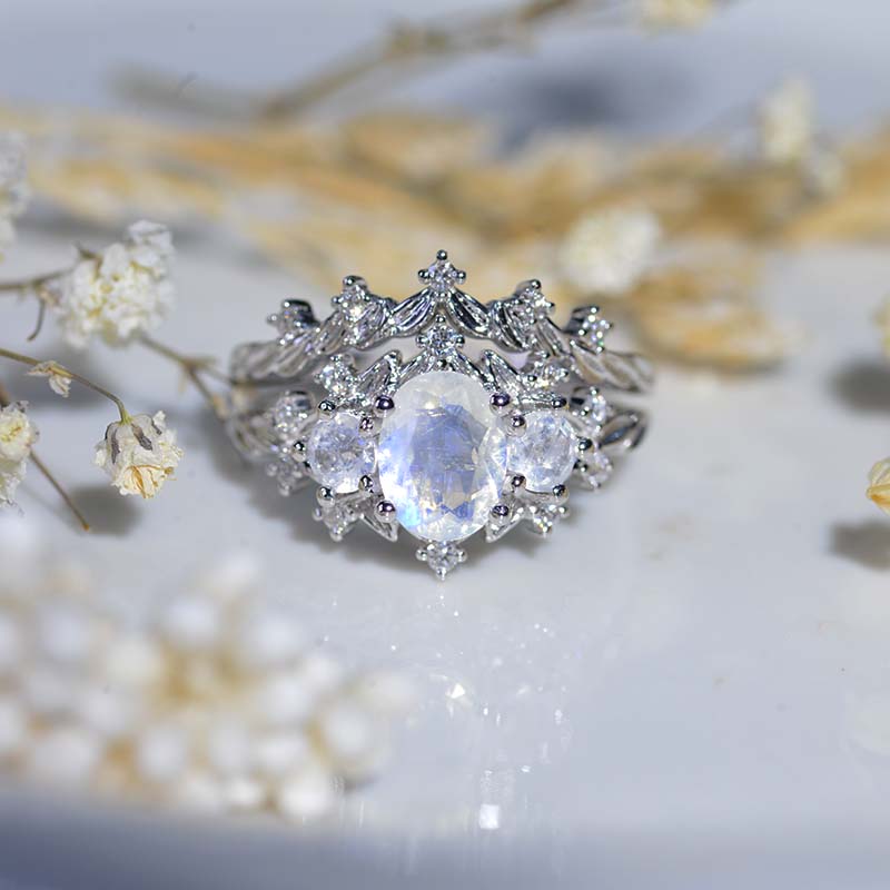 Natural Moonstone Ring Set, Oval Cut Moonstone Floral Twig Ring Set, White Gold Silver Ring Unique Curved Ring Set.