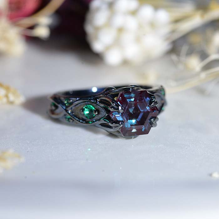 14K Black Gold Hexagon Alexandrite Celtic Engagement Ring