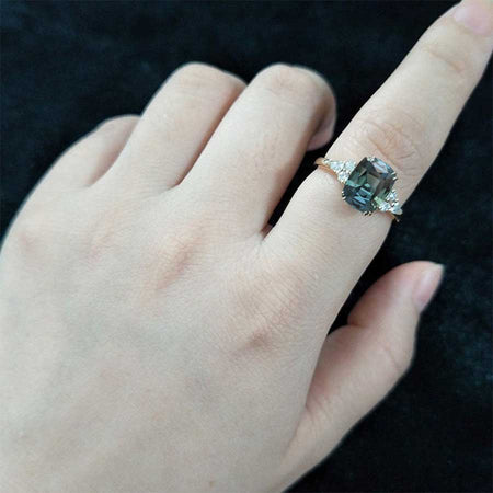 2.5Ct Cushion Teal Sapphire Vintage Engagement Ring, Cushion Teal Sapphire Engagement Ring, Marquise Side Accents Stones 14K Rose Gold Ring