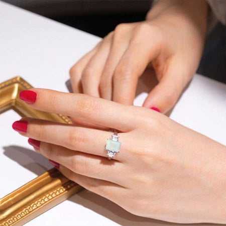 2Ct Emerald cut Genuine White Opal ring, Genuine White Opal three stone ring, Genuine White Opal and Genuine White Opal ring, Genuine White Opal emerald cut ring
