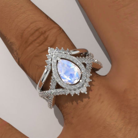14K White Gold 1.5 Carat Pear Genuine moonstone Halo Twisted Engagement Ring Eternity Ring Set