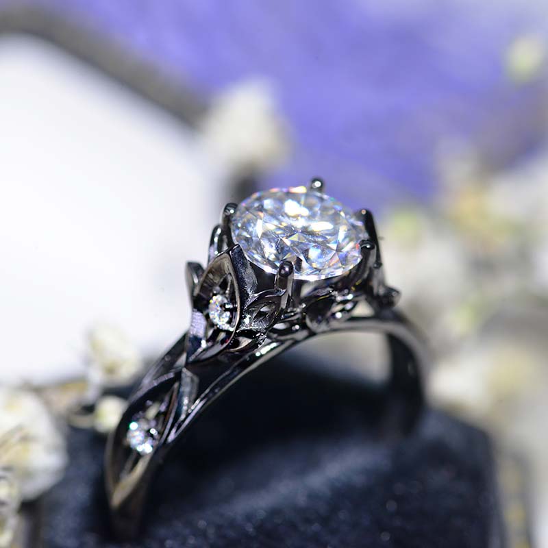 Celtic Moissanite Giliarto Floral Shank Black Gold Engagement Ring