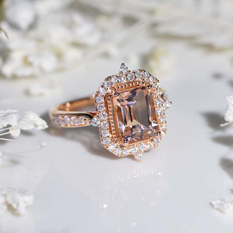 3Ct Emerald Cut Halo Morganite Ring, Morganite ring, Vintage
