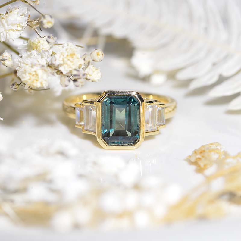 3 Carat Teal Sapphire Emerald Cut Bezel Set Teal Sapphire Five-Stone  14K Yellow Engagement Ring