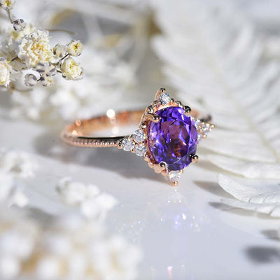 14K PURPLE STONE GLITTER RING/シルバー/リング 14K Solid Rose Gold Ring 2CT Oval Halo Purple Sapphire Wedding
