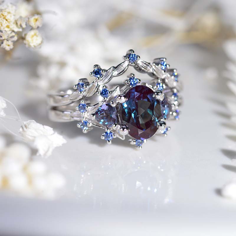 2 Carat Oval Alexandrite Sapphire Halo 14K White Gold Floral  Engagement Ring Set