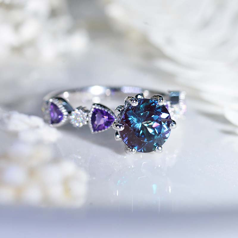 Portuguese Cut Alexandrite and Amethyst Gold Promissory Ring