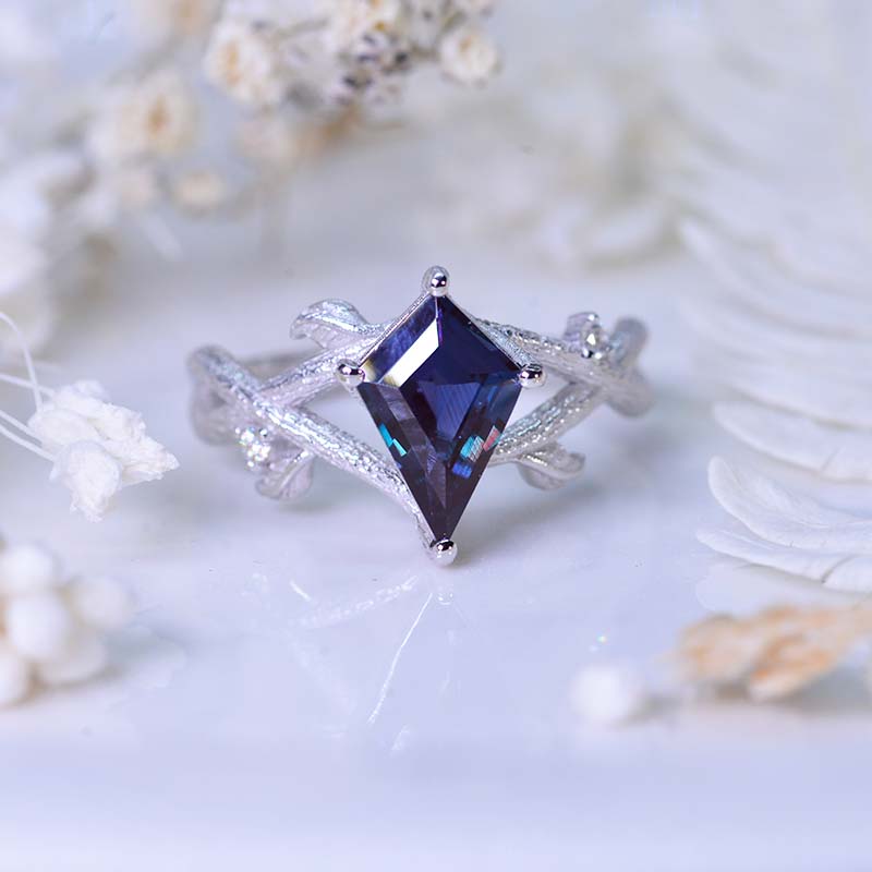 2.5 Carat Kite Alexandrite Twig Floral 14K White Gold Engagement Ring