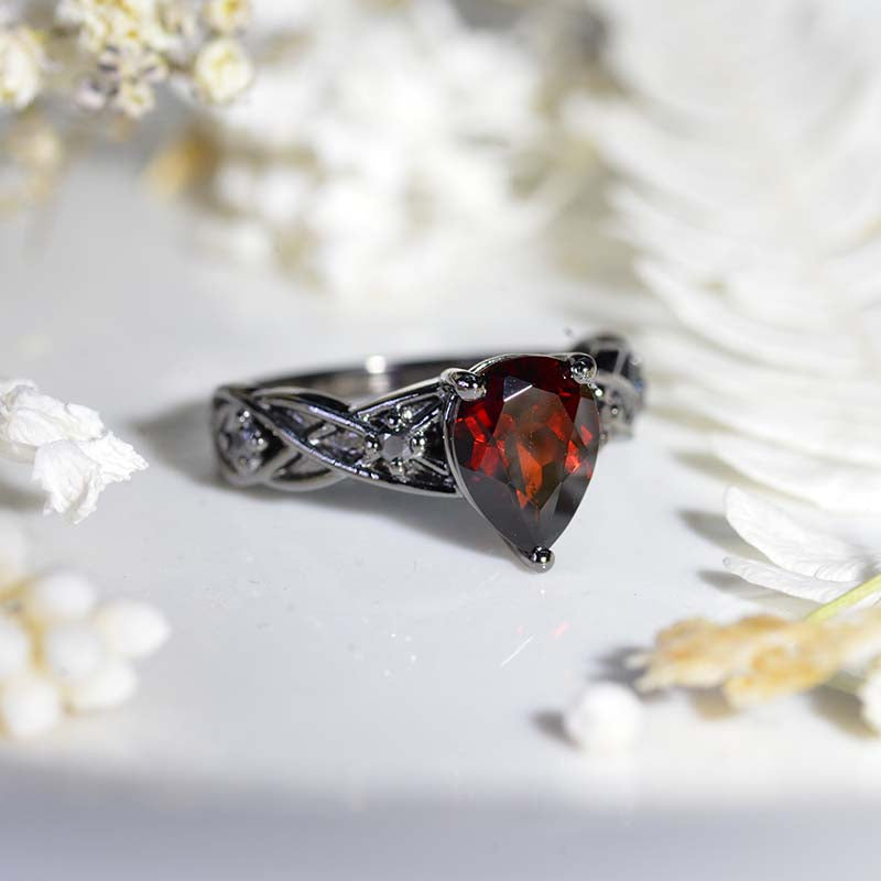 Gothic Celtic Pear Cut Garnet  Engagement Ring 14K Black Gold