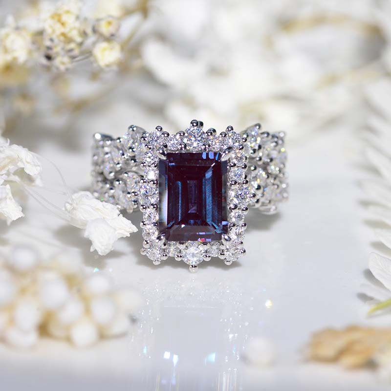 3 Carat Alexandrite Engagement Ring Halo Emerald Cut Alexandrite Engagement Ring, 9x7mm Step Cut Alexandrite Fairy Engagement Ring with Eternity Band