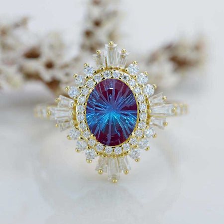 1.5 Carat Oval Fireworks Cut Alexandrite Cut Halo 14K Yellow Gold Engagement Ring