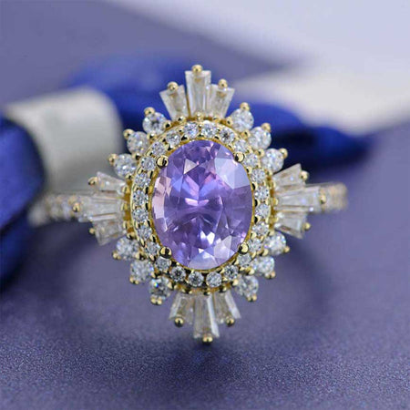 1.5 Carat Oval Purple Sapphire Cut Halo 14K Yellow Gold Engagement Ring