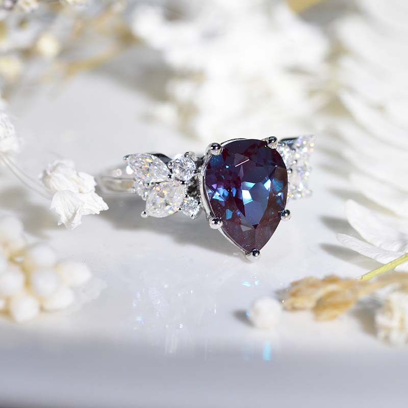 3 Carat Pear Alexandrite Cluster 14K White Gold Engagement Eternity Ring