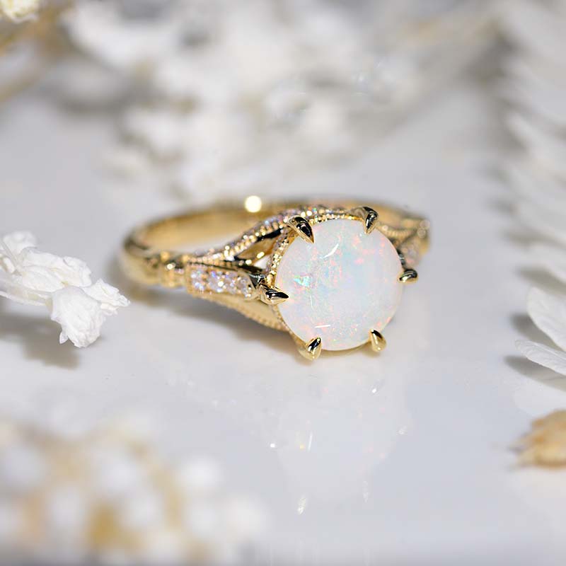 14K Solid Yellow Gold 2CT Round White Opal Solitaire Six Prongs Ring, Vintage Milgrain Engagement Ring Anniversary Promise Gold Ring