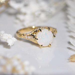 14K Solid Yellow Gold 2CT Round White Opal Solitaire Six Prongs Ring, Vintage Milgrain Engagement Ring Anniversary Promise Gold Ring
