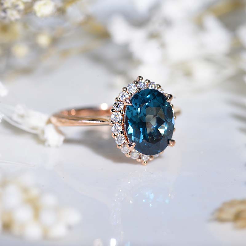 Luxury 3 Carat Oval Teal Sapphire Halo Engagement Ring