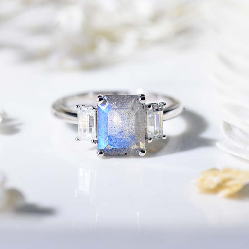 3 Carat Emerald Cut Labradorite Three-Stone  Engagement Ring