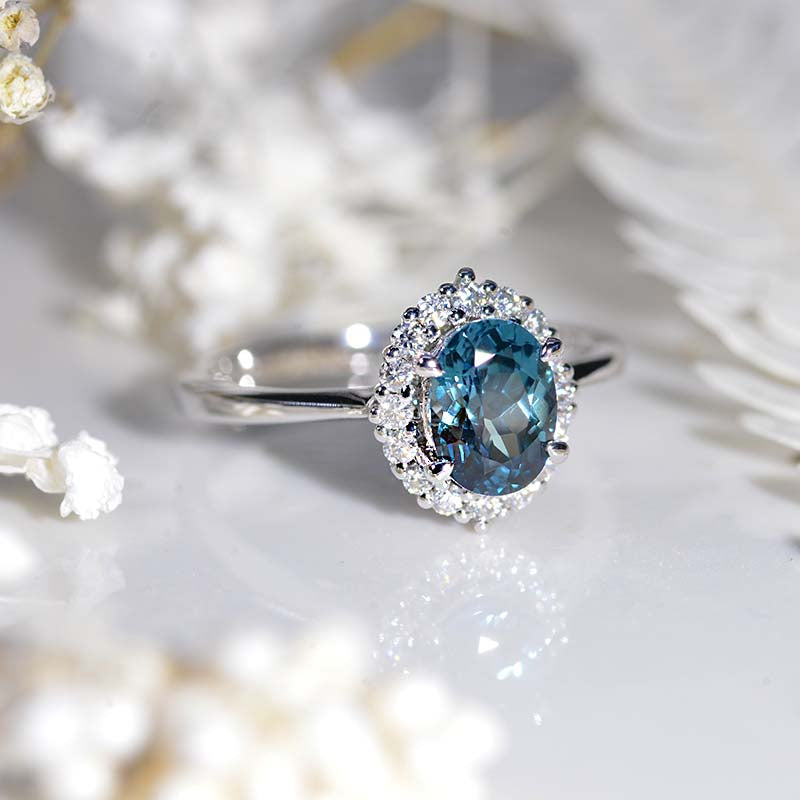 1.5Ct Teal Sapphire Halo Engagement Ring, Oval Shape Brilliant Cut Teal Sapphire Engagement Ring, 14K White Gold Ring