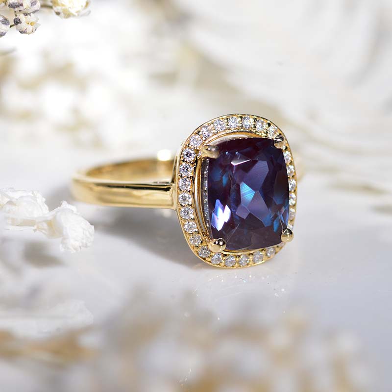 2 Carat Alexandrite Ring, Alexandrite Engagement Ring, Rose Gold Alexandrite Ring, Elongated Cushion Cut Engagement Ring, Halo Alexandrite Ring