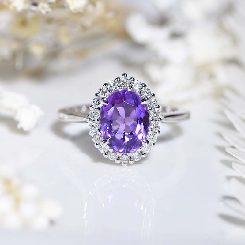 3 Carat Oval Natural Amethyst Halo Engagement Ring