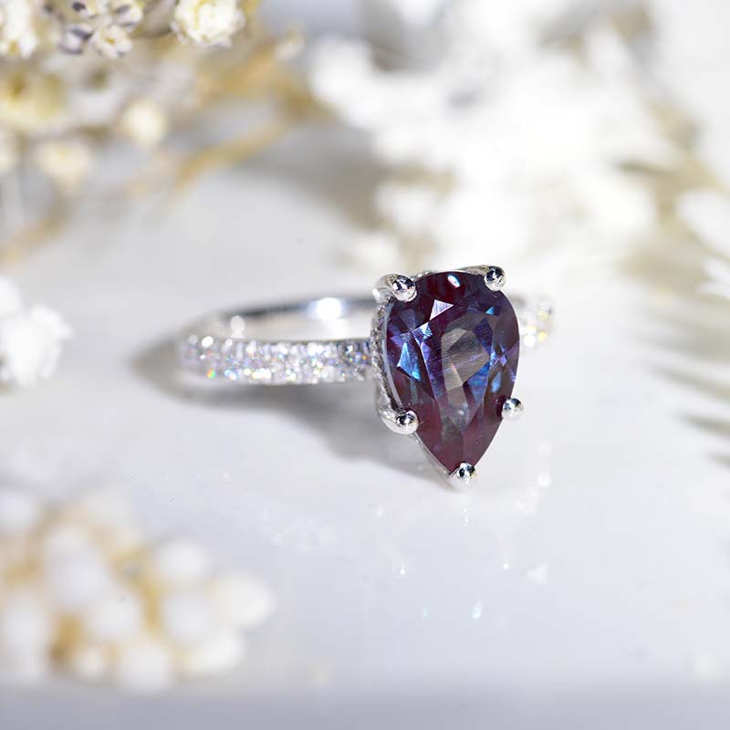 2Ct Pear Alexandrite Hidden Halo Engagement Gold Ring, 10x7mm Pear Cut Alexandrite Engagement Ring, Micro pave Accents Stones