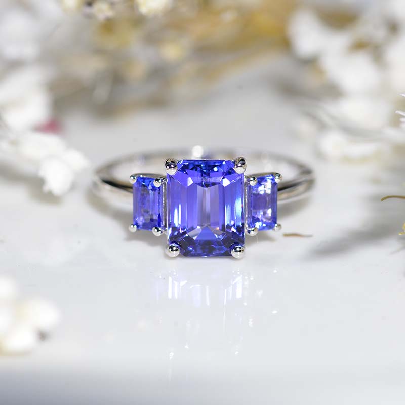 3Ct Emerald Shaped Natural Genuine Tanzanite Gold Engagement Ring, Three Stone Natural Genuine Tanzanite Engagement Ring