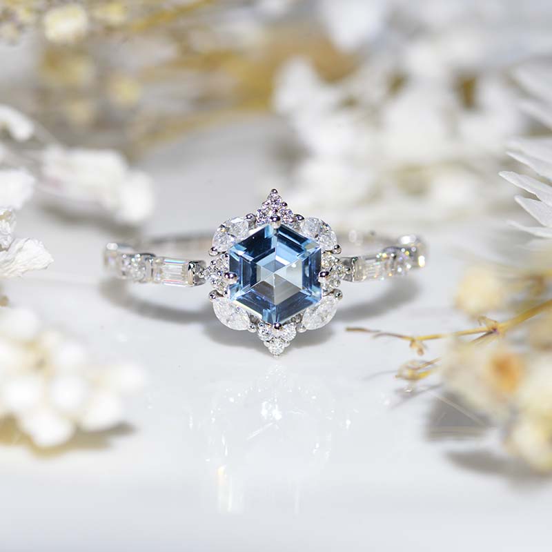 3 Carat Hexagon Genuine Aquamarine Halo 14K White Gold Engagement Ring