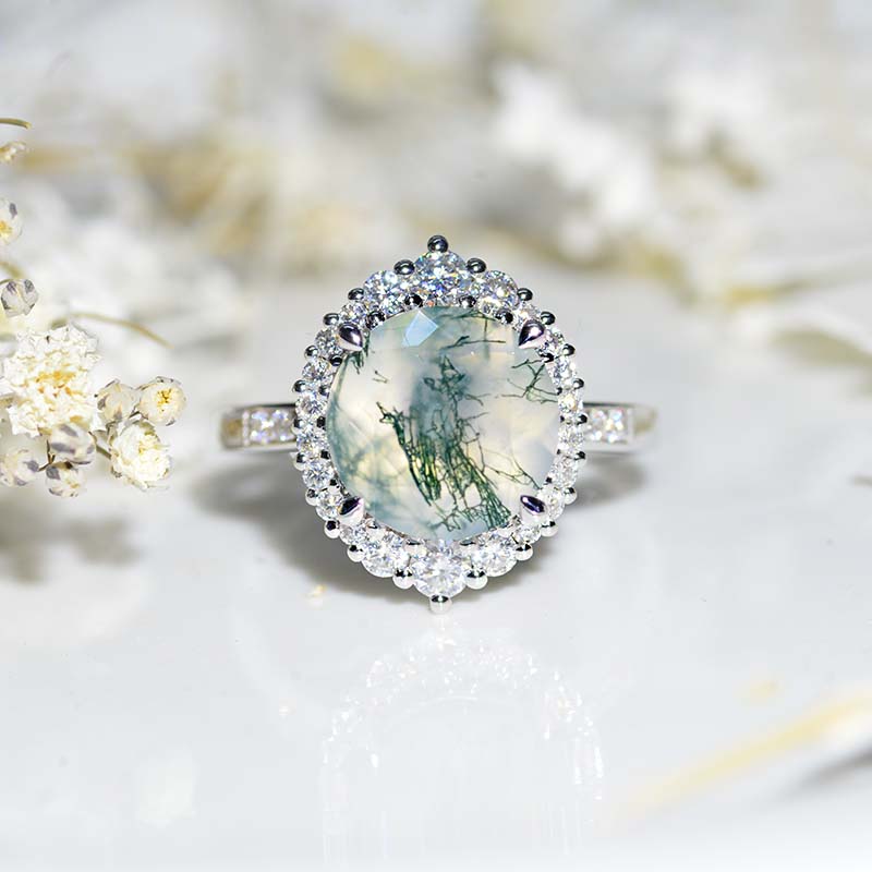 5 Carat Round Genuine Moss Agate Halo Gold Engagement Ring