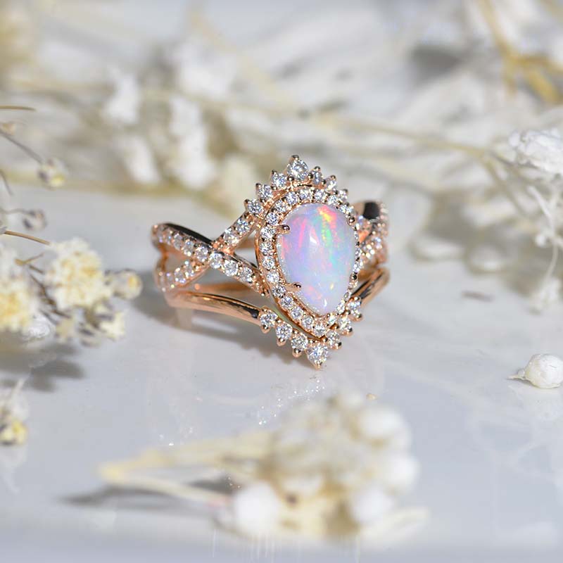 14K White Gold 1 Carat Pear Genuine Natural White Opal Halo Twisted Engagement Ring Eternity Ring Set