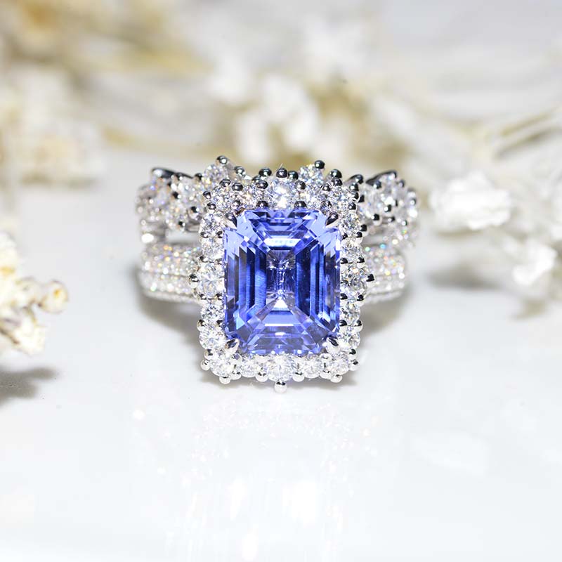 4Ct Purple Sapphire Engagement Ring Halo Emerald Cut Purple Sapphire Engagement Ring, 10x8mm Step Cut Purple Sapphire Engagement Ring with Eternity Band