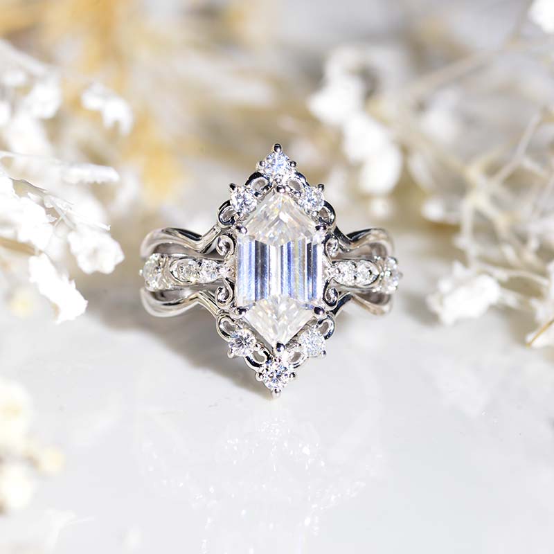3 Carat Hexagon Moissanite Cluster Art Avenue Halo 14K White Gold Engagement Ring Set