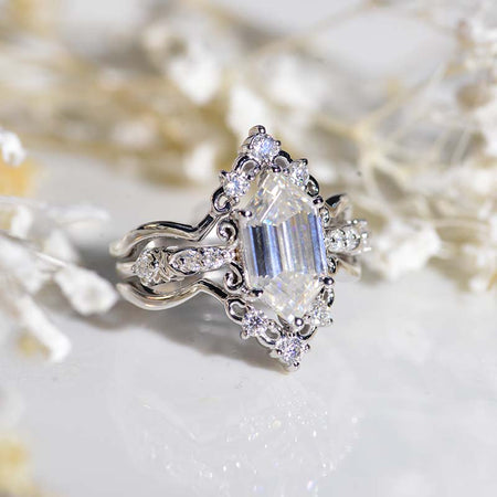 3 Carat Hexagon Bezel Set Moissanite Cluster Halo 14K White Gold Engagement Ring Set